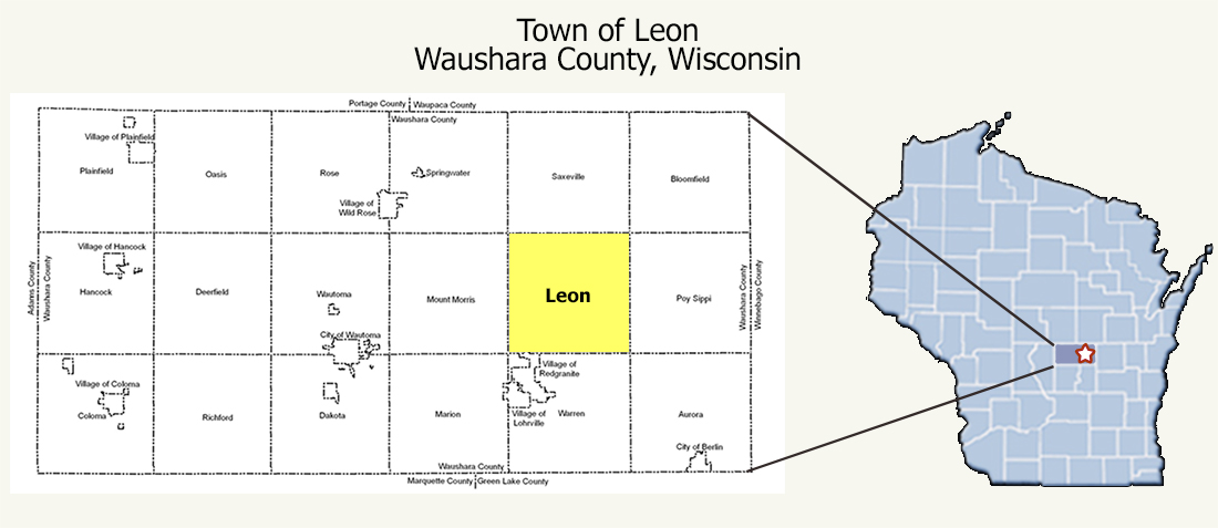 Map of Waushara County highlighting Town of Leon